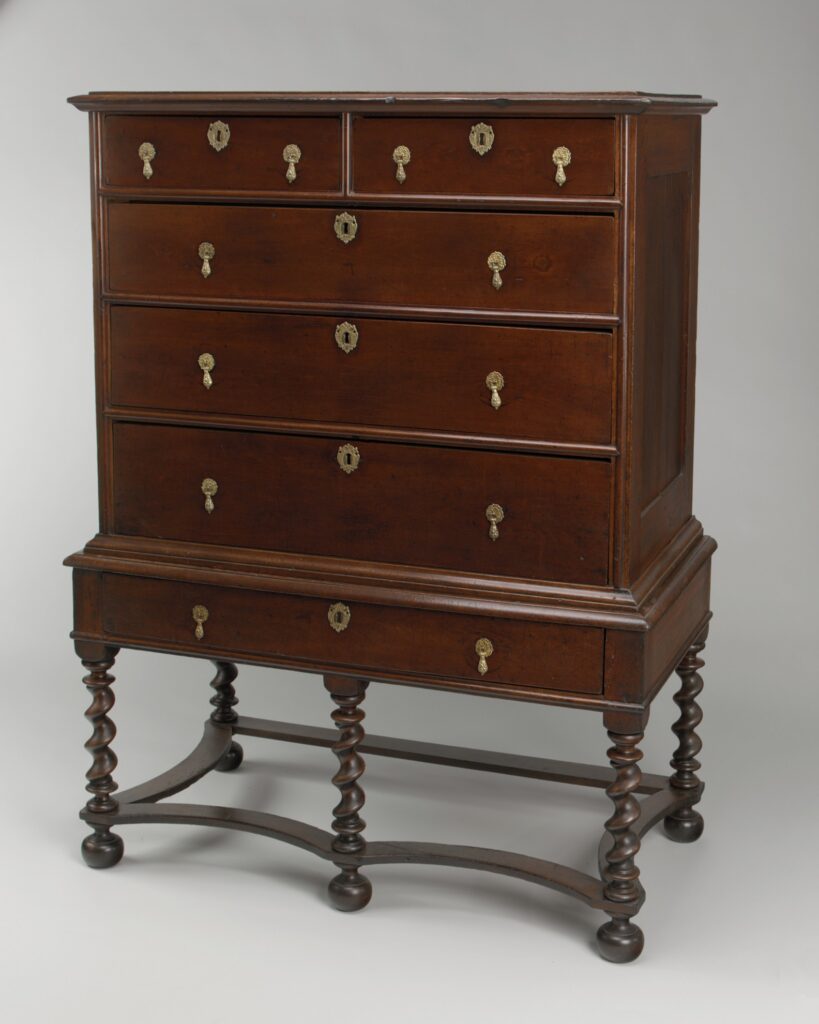High chest of drawers in sweet gum, yellow poplar, yellow pine and white oak