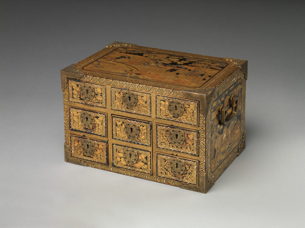Nanban cabinet with lacquered wood, mother-of-pearl inlay, and gilt-bronze fittings