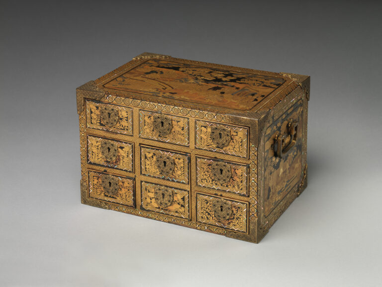 Nanban cabinet with lacquered wood, mother-of-pearl inlay, and gilt-bronze fittings