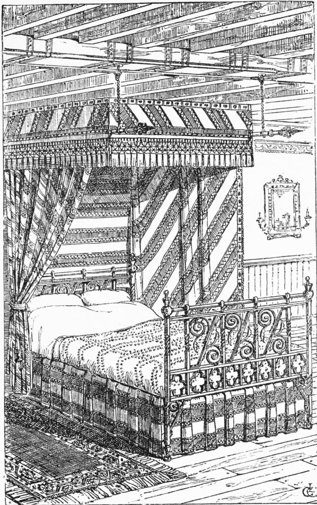 Woodcut of an iron bedstead with a striped canopy and hanging curtains in a timbered room, with a rug beside the bed and a small mirror on the wall