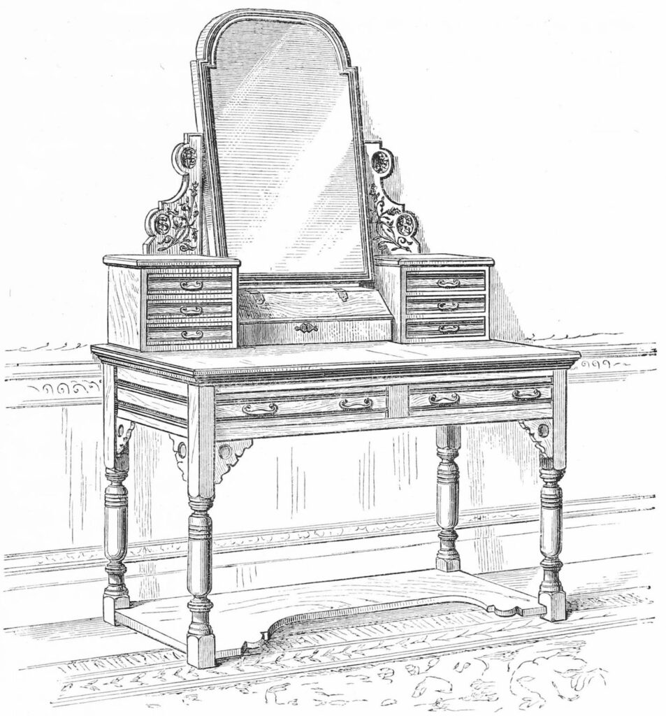 Woodcut of a toilet table with a tilting mirror, small banks of drawers at each side and turned legs joined by a shaped stretcher