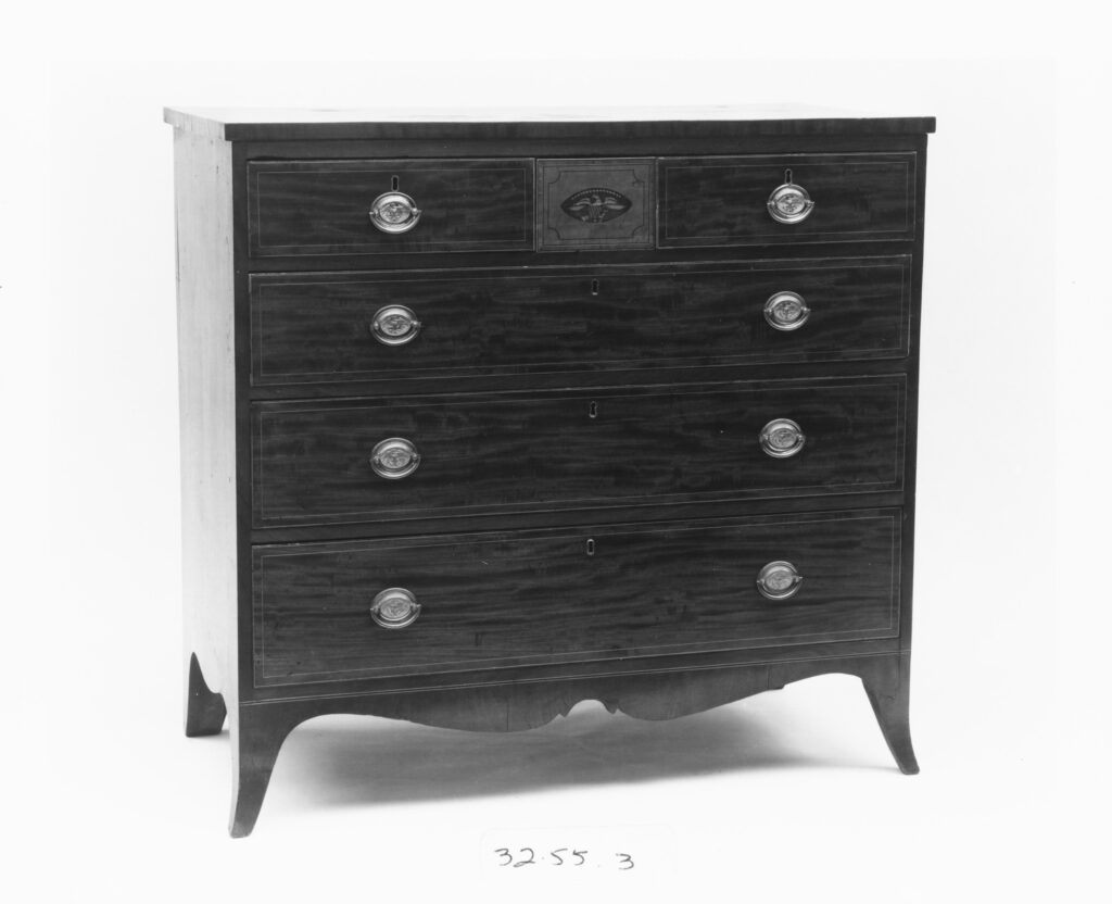 Black-and-white record photograph of an American Federal chest of drawers by Michael Allison, 1800-1810, with four drawers, an inlaid panel at the top and flared bracket feet