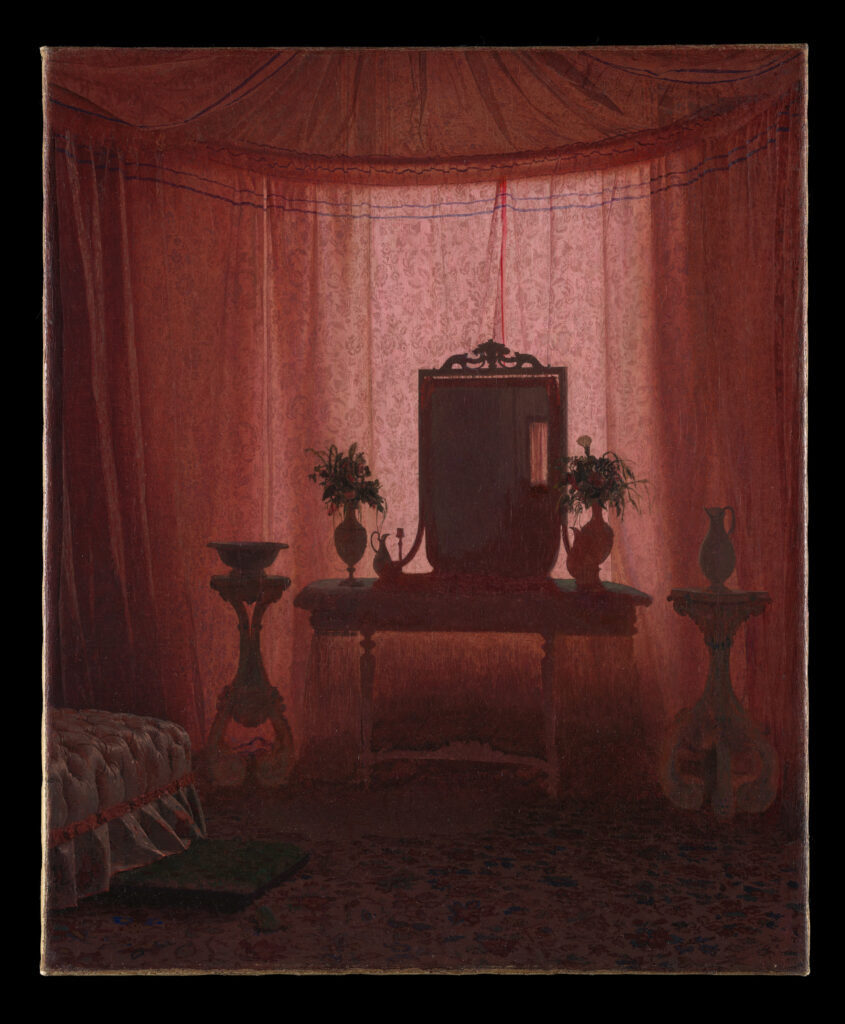 Oil painting of a dark bedroom hung in rose-pink fabric over the walls and ceiling, with a dressing table and mirror lit by soft daylight through the drapery