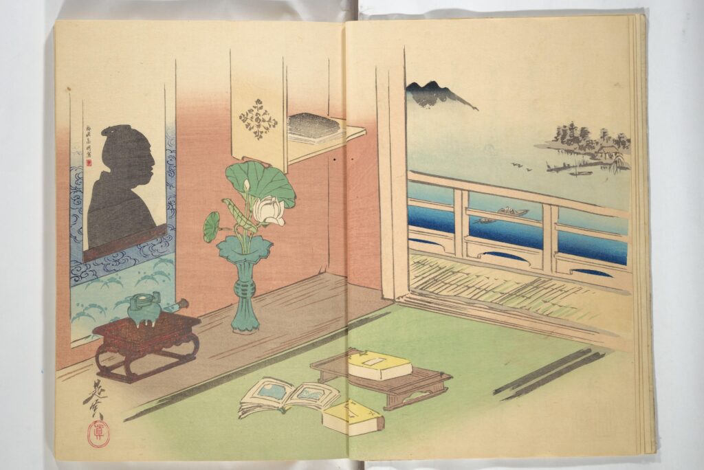 Open illustrated book showing a room with green floor mats, a low desk with books, a vase holding a lotus and a hanging scroll in an alcove, and a veranda railing beside a view of water