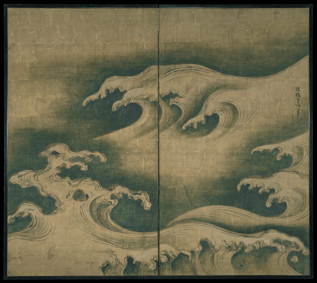 Two-panel Japanese folding screen painted with towering blue-green waves whose white foam curls into long clawlike fingers against pale paper