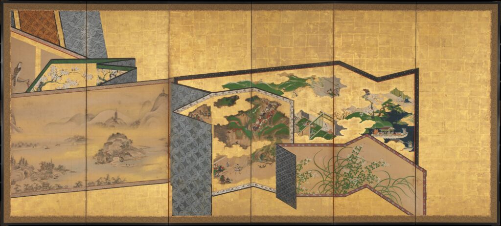 Gold-leaf six-panel Japanese screen painted with smaller folding screens standing in a room, each miniature screen showing landscapes, flowers and a patterned border