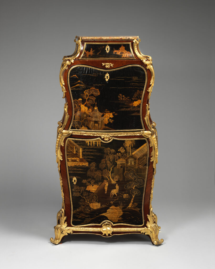 Tall narrow drop-front secretaire in black and gold lacquer painted with Chinese landscapes, with a curved outline and gilt-bronze mounts