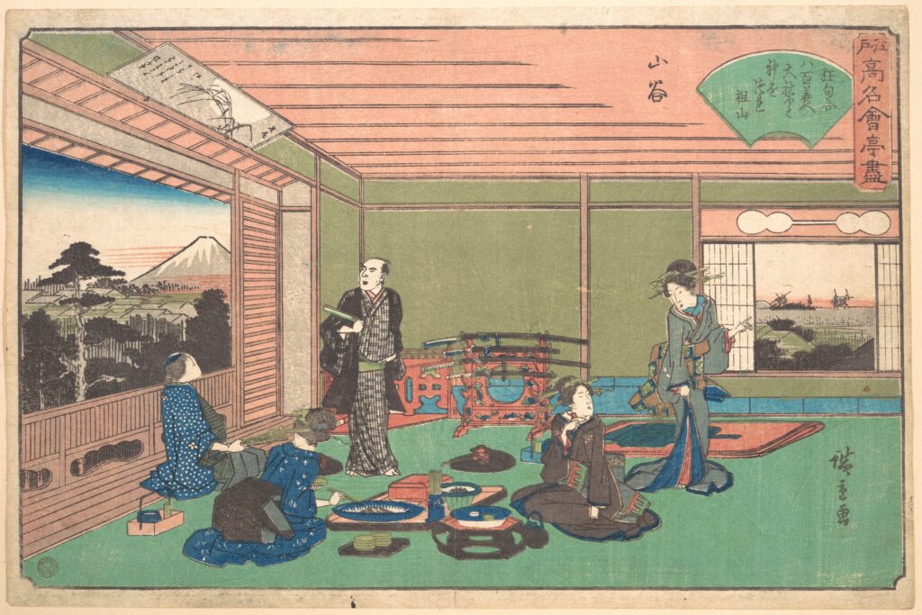 Tatami room in an Edo-period woodblock print: diners seated on green mats around low dishes, a window view of Mount Fuji at the left and a shoji panel at the right