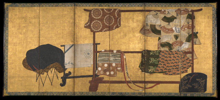 Japanese folding screen of six gold-leaf panels showing colorful kimonos draped over a dark lacquered clothing rack, with a lacquer box and a stand on the floor