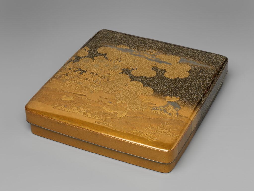Kaga school writing box with chrysanthemums and mandarin ducks in maki-e lacquer