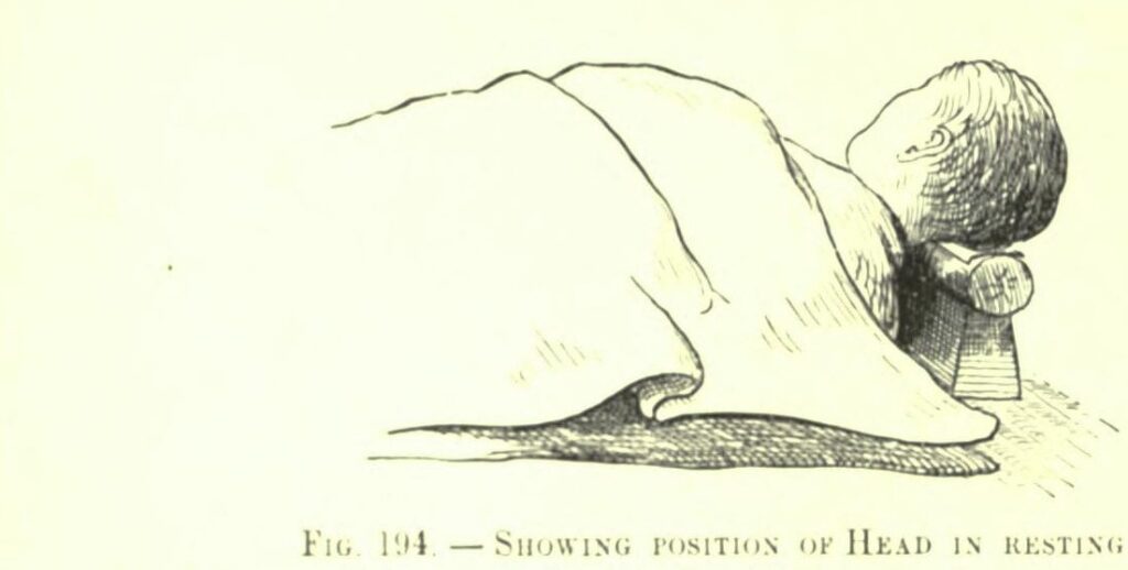 Pen drawing of a sleeper lying on one side under a quilt, the neck resting on a small wooden pillow