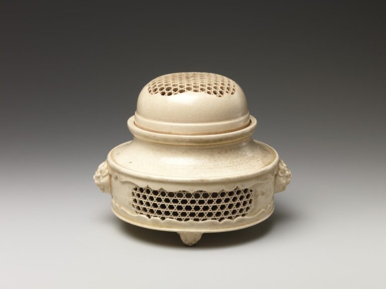 Satsuma ware incense burner: a cream, crackle-glazed round burner on three feet, with a domed openwork lid and a band of pierced lattice around the body