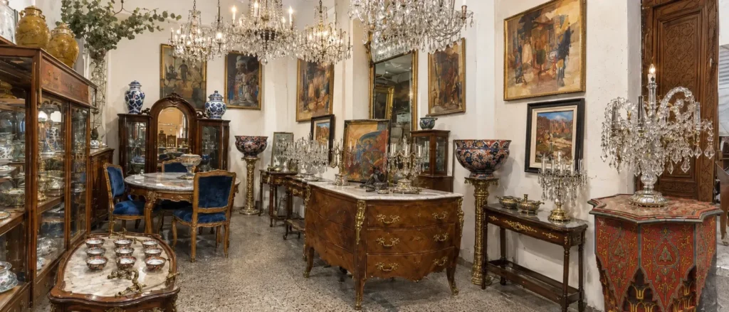 Reconstructed view of the author's father's antique shop in Casablanca, with crystal chandeliers, a French-style commode, blue velvet chairs and a painted Moroccan table.