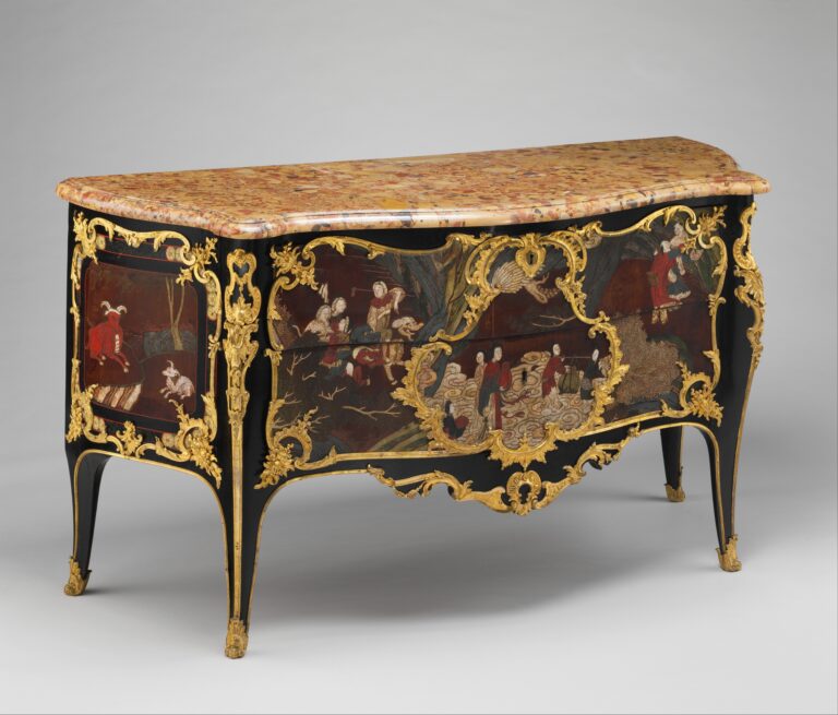 Black lacquered commode with two drawers, a marble top, tall curved legs and gilt-bronze mounts framing painted Chinese figure scenes